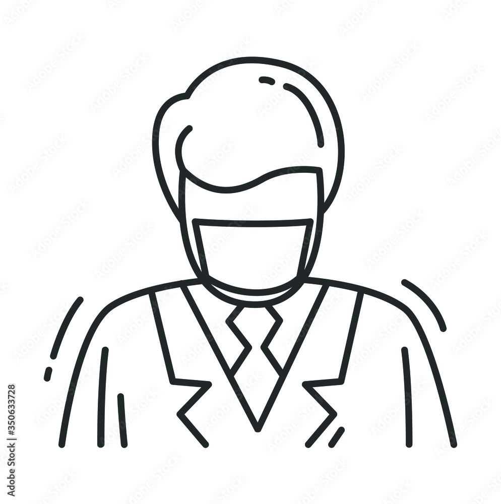  Working man in a  face protection mask line icon.Character uses a medical mask to protect himself from flu,disease and air pollution. Isolated vector healthcare illustration.
