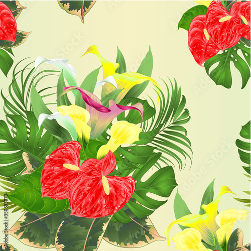 Seamless texture bouquet with tropical flowers floral arrangement, with beautiful white pink and yellow lilies Cala and anthurium, palm,philodendron and ficus vintage vector