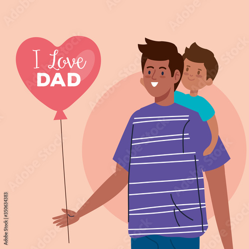 happy fathers day greeting card and dad carrying son vector illustration design