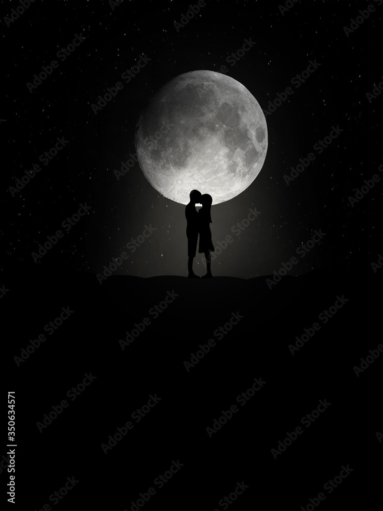 Fototapeta premium silhouette of a man and women kissing in the moonlight