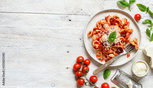 South italian pasta orecchiette with tomato sauce and cacioricotta cheese