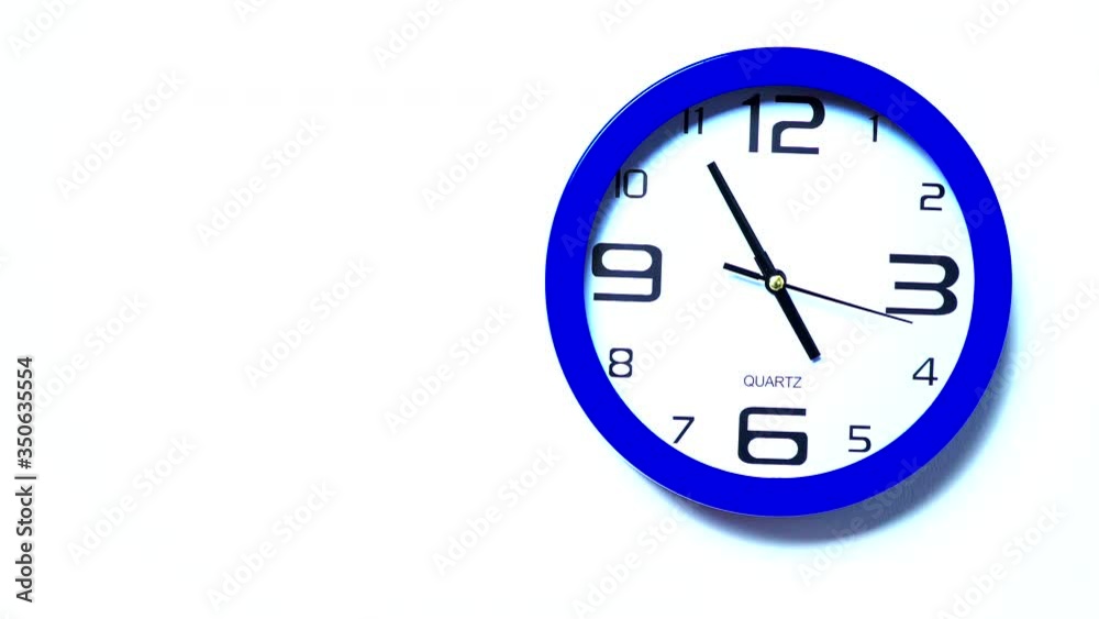 Blue wall clock ticking showing five hours. Time deadline concept. Time lapse Blue wall clock ticking showing five hours. Time deadline concept. Time lapse