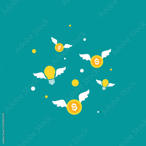 Flying bulbs and money with wings . flat icon isolated on blue background. Imagination, fantasy icon.