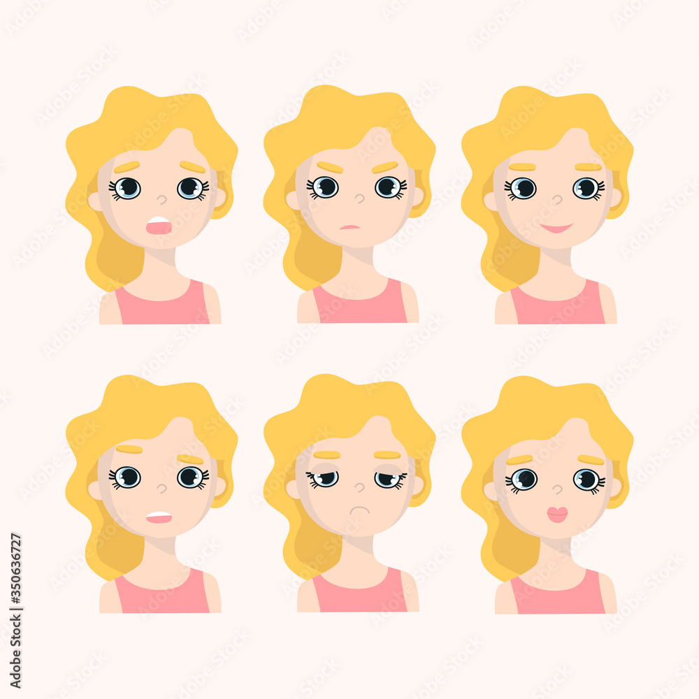 A set of six different female emotions. The face of a young girl expresses surprise, anger, bewilderment, a neutral smile and love. Emotions of a female character for animation. Mascot for the brand. A set of six different female emotions. The face of a young girl expresses surprise, anger, bewilderment, a neutral smile and love. Emotions of a female character for animation. Mascot for the brand.