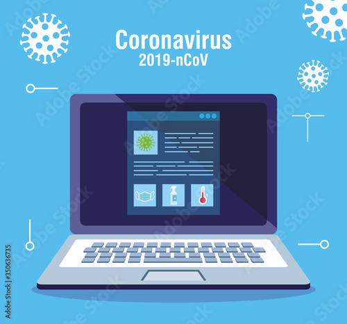 searching covid 19 information online in laptop computer vector illustration design