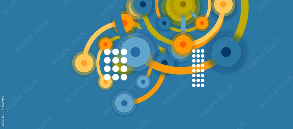 Flat style geometric abstract background, round dots or circle connections on color background. Technology network concept.