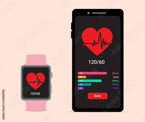 Smartphone and Smartwatch with Heart Beat rate for Health care or fitness application icon. flat style on Pastel Colour background Illustration. Technology and Sport ware Concept Design.