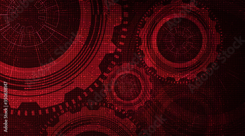 Dark red Digital Technology Gears wheel and Cock with Circuit Line Background.