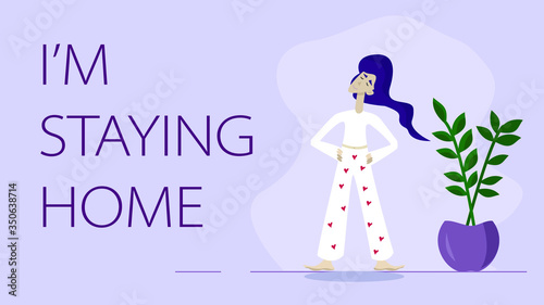 Girl in cozy house clothes proudly staying home with a plant copyspace vector flat illustration