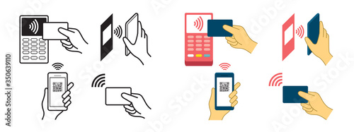 Contactless Payment Concept, Wireless, Symbols, Hand Holding Credit Card, Smart Card, Smart Watch, Smartphone, Scanning QR Code photo