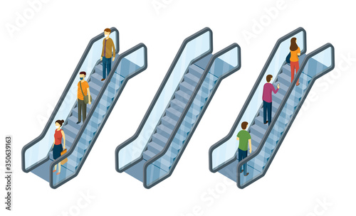 People on Escalator, Isometric View, Social Distancing, Concept, Up and Down