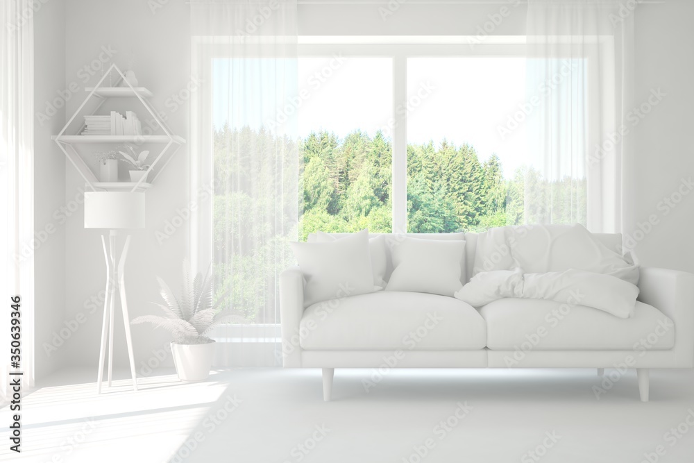 White living room with sofa and summer landscape in window. Scandinavian interior design. 3D illustration White living room with sofa and summer landscape in window. Scandinavian interior design. 3D illustration