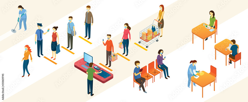 New Normal, People in Social Distancing and Contactless Payment, Shopping Mall and Store, Prevention of Coronavirus Covid-19