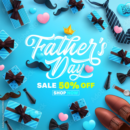 Father's Day Sale poster or banner template with necktie,glasses and gift box on blue background.Greetings and presents for Father's Day in flat lay styling.Promotion and shopping template for dad