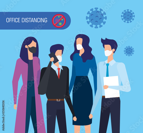campaign of social distancing at office for covid 19 with business people vector illustration design