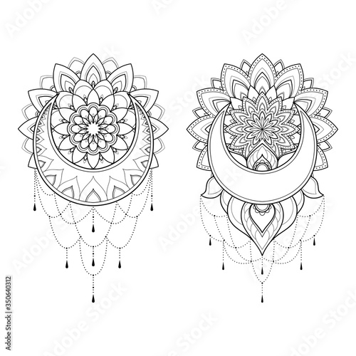 Set of two ethnic mandalas with moon and ornament for greeting card, invitation, Henna drawing and tattoo template. Moon tattoo. Vector illustration