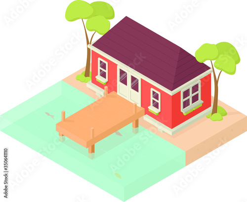 Isometric illustration: red house with a platform on the sandy shore of the lake.