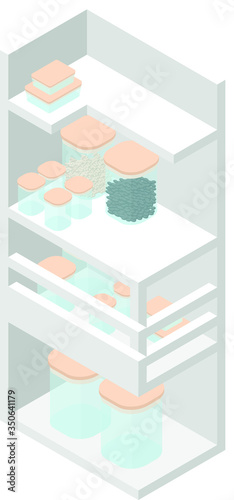Kitchen cabinet for storing utensils in isometric: cans with cereals.