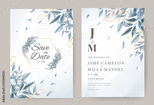 Blue color wedding invitation card set , blue and gold leave with watercolor background.