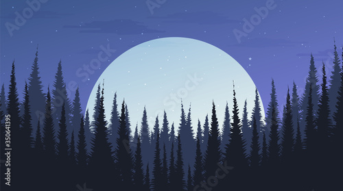 Beautiful Night Pine Forest with the moon,landscape background, evening concept design,vector