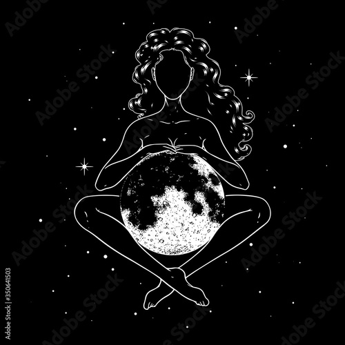 Beautiful woman meditating with full moon in space, goddess symbol. Vector illustration