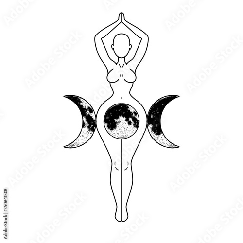 Triple Goddess, beautiful woman figure respresenting moon cycles, Wiccan traditional symbol. Vector illustration