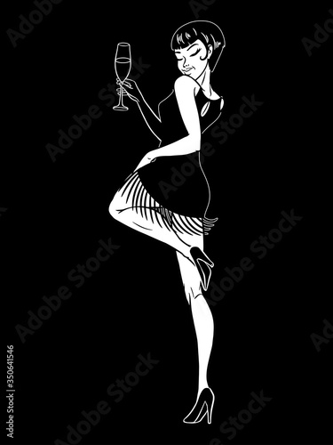 Photography Young beautiful woman dressed in 1920s style holding champagne glass, black and