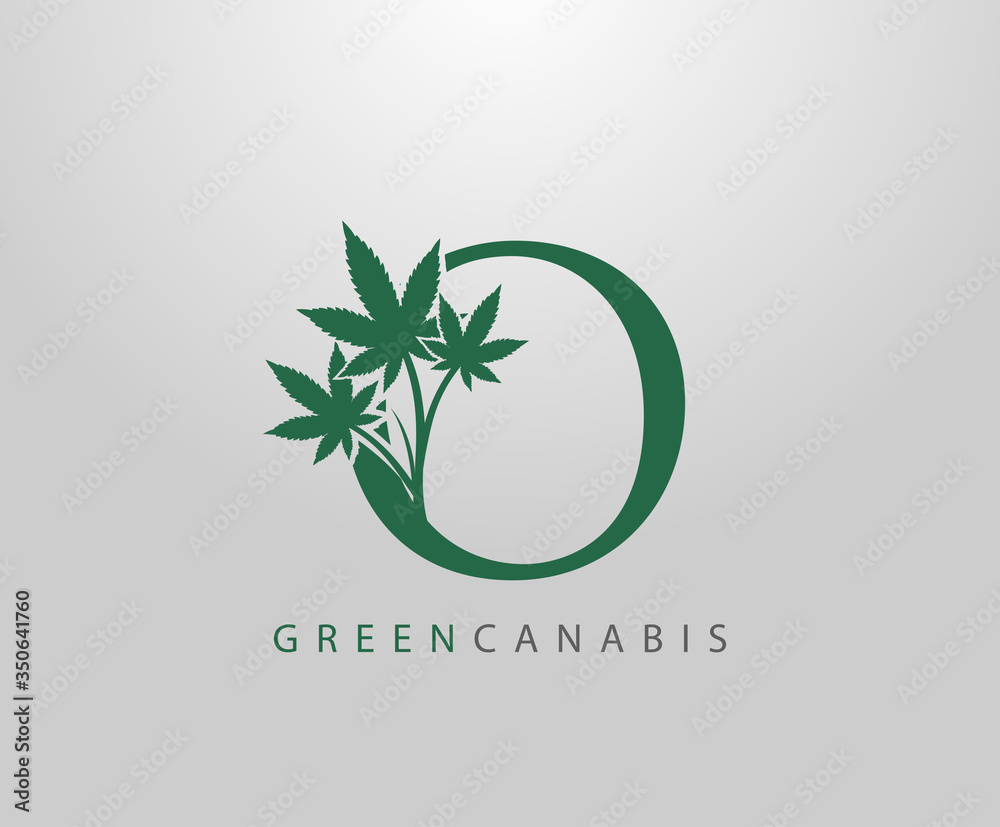 Letter O Green Canabis Logo, Initial O With Medical Marijuana Leaf Design.