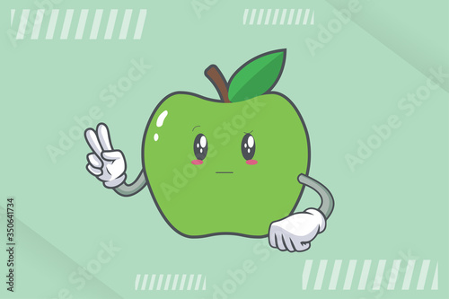 REALLY, ATTENTIVE, Curios Face Emotion. Peace Hand Gesture. Green Apple Cartoon Mascot Illustration