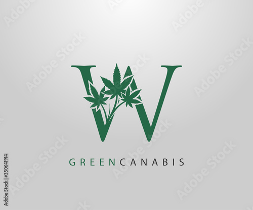 Letter W Green Canabis Logo, Initial W With Medical Marijuana Leaf Design.