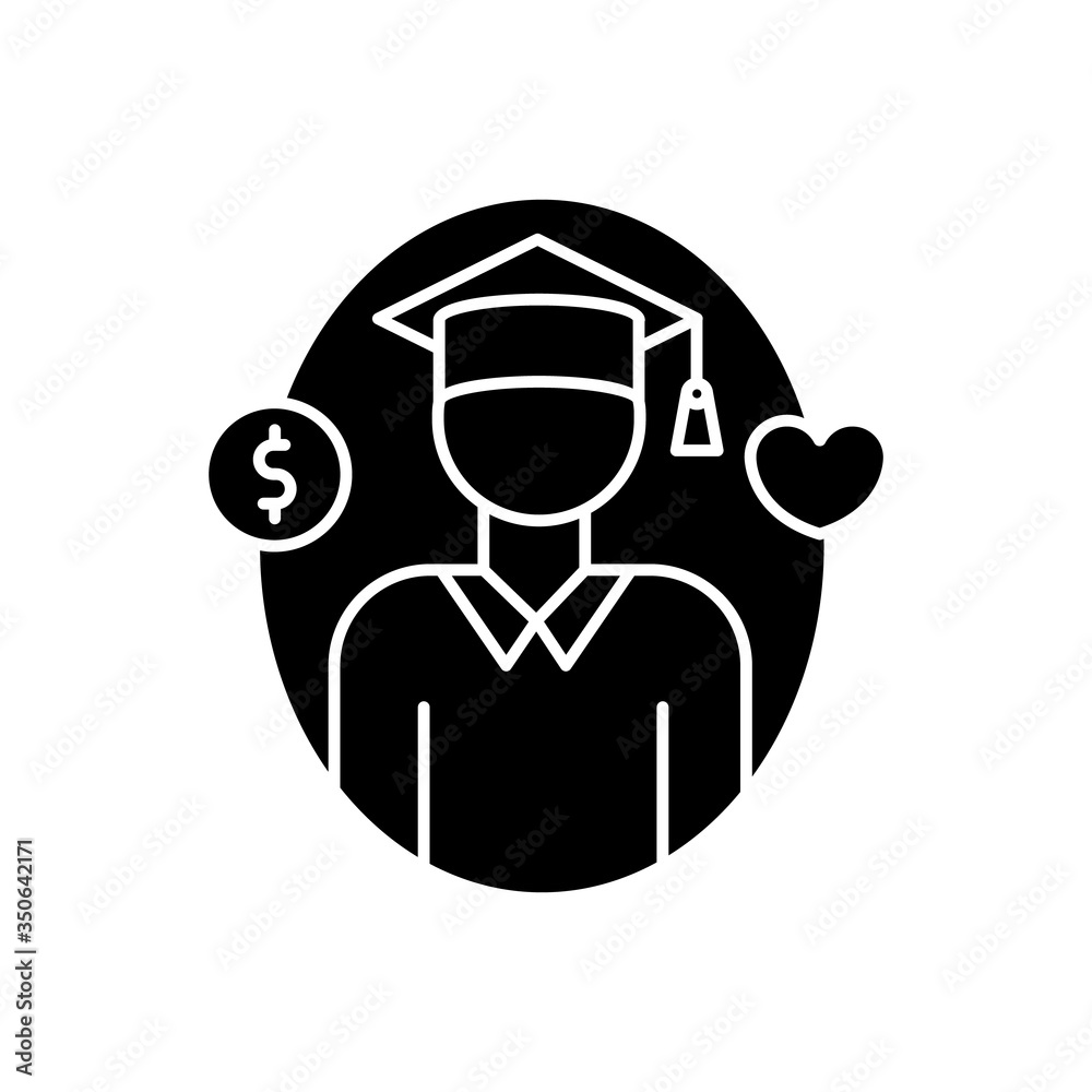 Support for students black glyph icon. Education loan. Financial aid for graduate. School accessibility. Fund for academic study. Silhouette symbol on white space. Vector isolated illustration