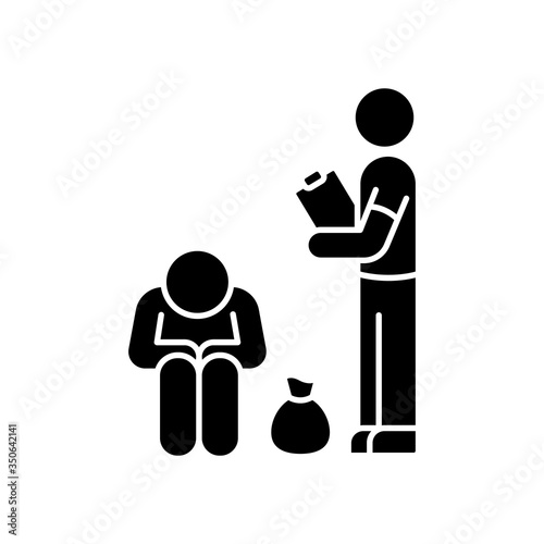 Service for homeless black glyph icon. Social service to help poor people. Volunteering to give humanitarian aid. Sharing donation. Silhouette symbol on white space. Vector isolated illustration