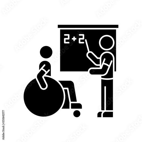 Inclusive education black glyph icon. Assistastance for person with disability. Handicapped student support. Special class teacher. Silhouette symbol on white space. Vector isolated illustration