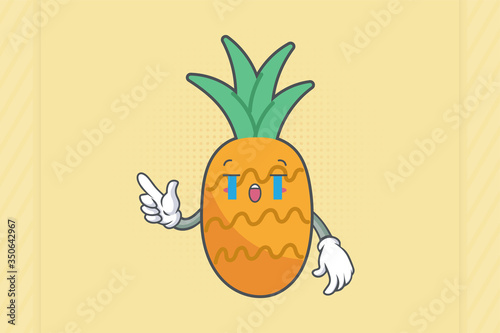 CRYING, SAD, SOB, CRY Face Emotion. forefinger pointed at Hand Gesture. Pineapple Fruit Cartoon Drawn Mascot Illustration.
