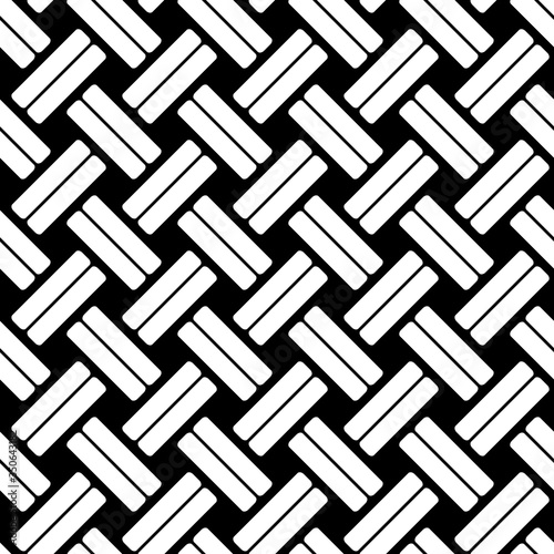 Weave seamless pattern. Woven stripes lattice. Black and white weaving texture. Simple diagonal wicker background. Basket background. Interlacing lines for design prints. Interlace fiber. Vector 