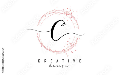 Sparkling circles and dust pink glitter frame for handwritten C letter logo.