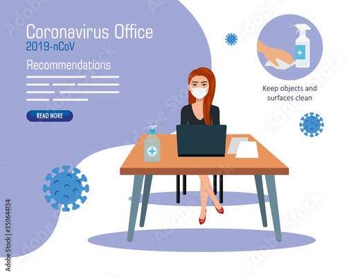 campaign of recommendations of 2019 ncov at office with businesswoman and icons vector illustration design