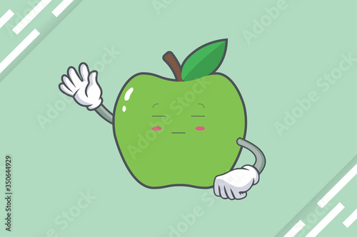 ZONK, MEDITATIVE, UNAMUSED Face Emotion. Waving Hand Gesture. Green Apple Mascot Illustration.