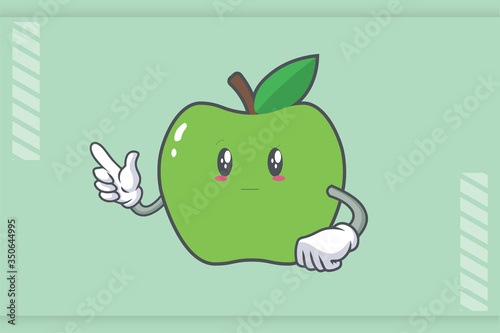 REALLY, ATTENTIVE, Curios Face Emotion. Forefinger Hand Gesture. Green Apple Cartoon Mascot Illustration