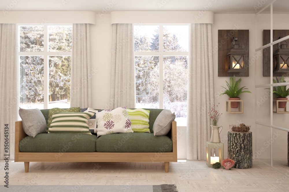 Fototapeta premium White living room with wooden sofa and winter landscape in window. Scandinavian interior design. 3D illustration