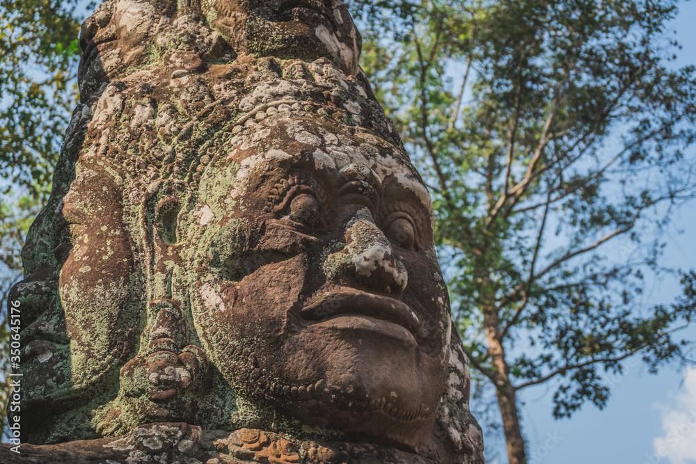 Ancient Angkor Wat Ruins Panorama. Giants in Front Gate of Angkor Thom. Siem Reap, Cambodia