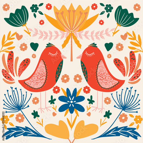 folk art scandinavian colourful pattern with floral and birds vector illustration