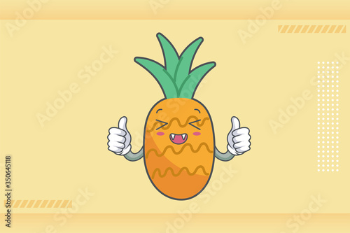 LAUGHING, HAPPY, FUN, cheerful Face Emotion. Double Thumb Up Hand Gesture. Pineapple Fruit Cartoon Drawn Mascot Illustration.