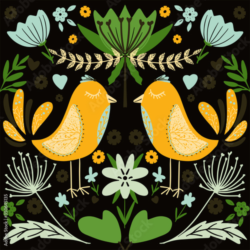 folk art scandinavian colourful pattern with floral and birds vector illustration