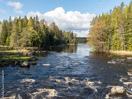 Scenic view of a river landscape in spring. Farnebofjarden national park in Sweden.