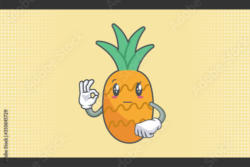 REALLY, ATTENTIVE, Curios Face Emotion. Nice Hand Gesture. Pineapple Fruit Cartoon Drawn Mascot Illustration.