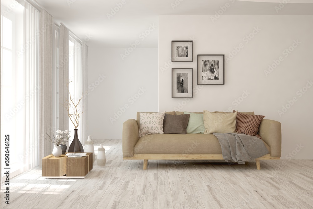 Fototapeta premium White living room with brown sofa. Scandinavian interior design. 3D illustration