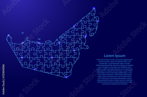 United Arab Emirates map from blue pattern from composed puzzles and glowing space stars. Vector illustration.