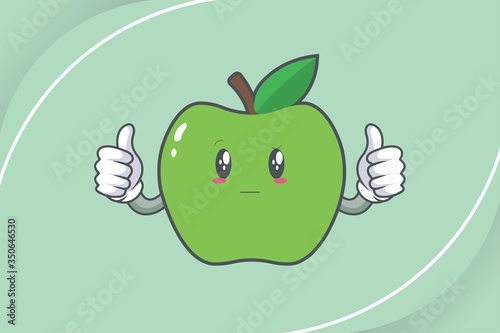 REALLY, ATTENTIVE, Curios Face Emotion. Double Thumb Up Gesture. Green Apple Mascot Illustration.