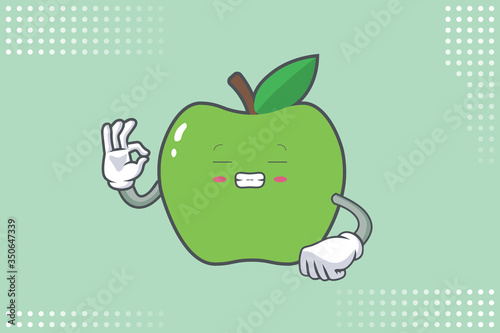 FRUSTRATED, GRIN SMILE, NERVOUS Face Emotion. Ok, Nice, Good Hand Gesture. Green Apple Cartoon Mascot Illustration.